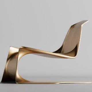 a gold chair sitting on top of a white floor