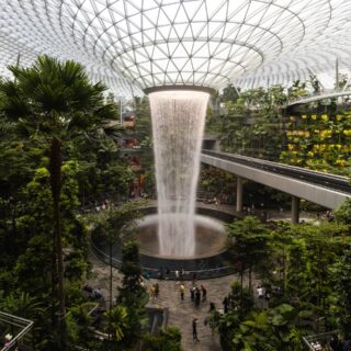a large waterfall in the middle of a building